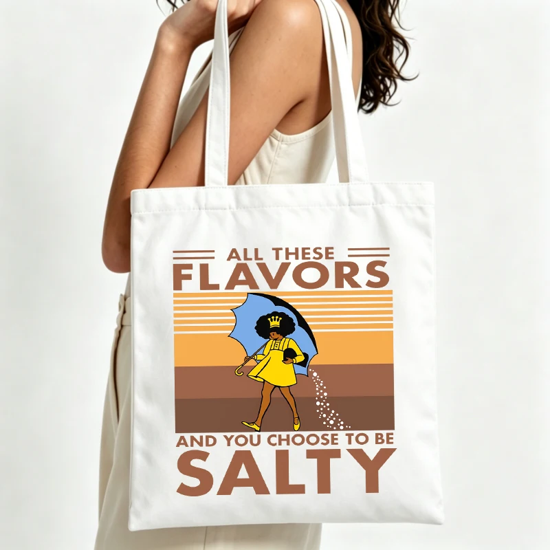 abstract figure and slogan-style canvas tote bag with retro graphic for daily shopping and casual outings