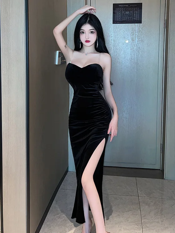 2023 Summer Women\'s Sexy Temperament ceremonial dress Wrapped Chest backless High Split Velvet Wrapped Hip Red Long Dress FQ4B