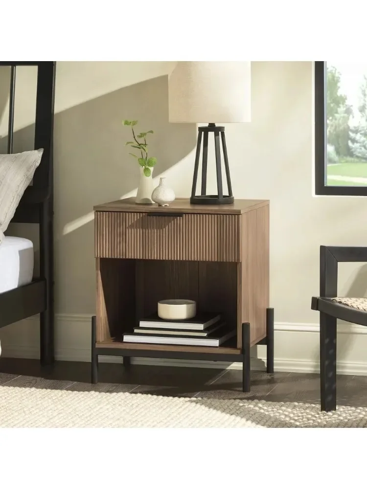 Modern Fluted-Drawer Nightstand with Open Cubby – Mocha