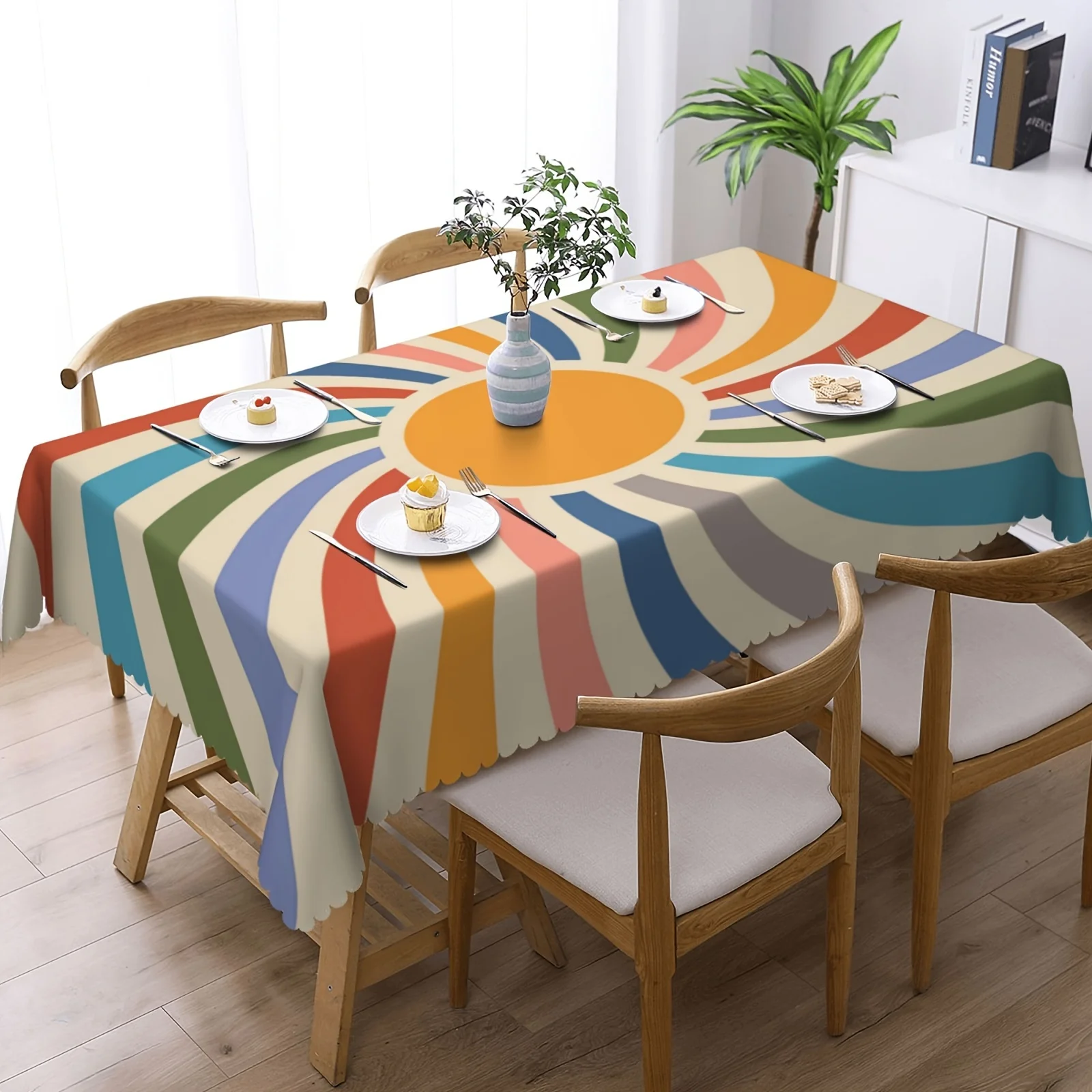 Boho Sun Rainbow Stripes Rectangle Waterproof Tablecloth Party Decor Farmhouse Kitchen Dining Table Runner Wedding Decorations