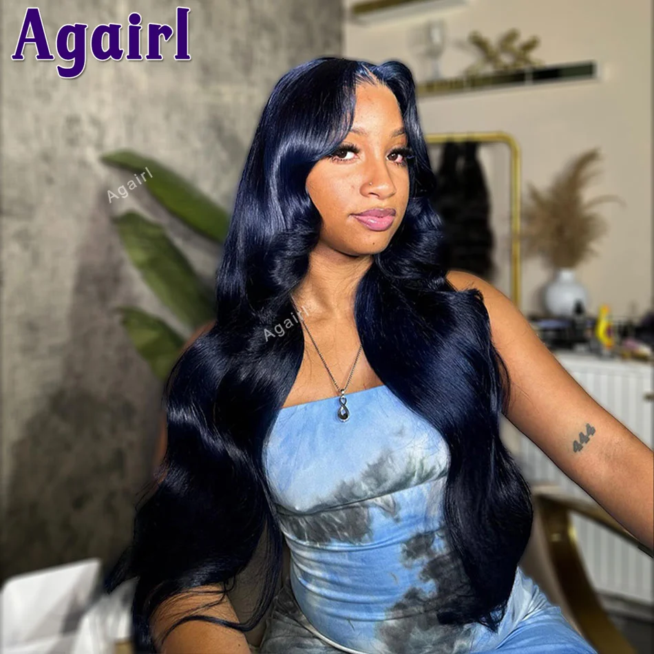 Perruque Lace Front Wig Body Wave naturelle, cheveux humains, bleu nuit, pre-plucked, 6tage, 13x6, 13x4, pre-plucked, pour femmes