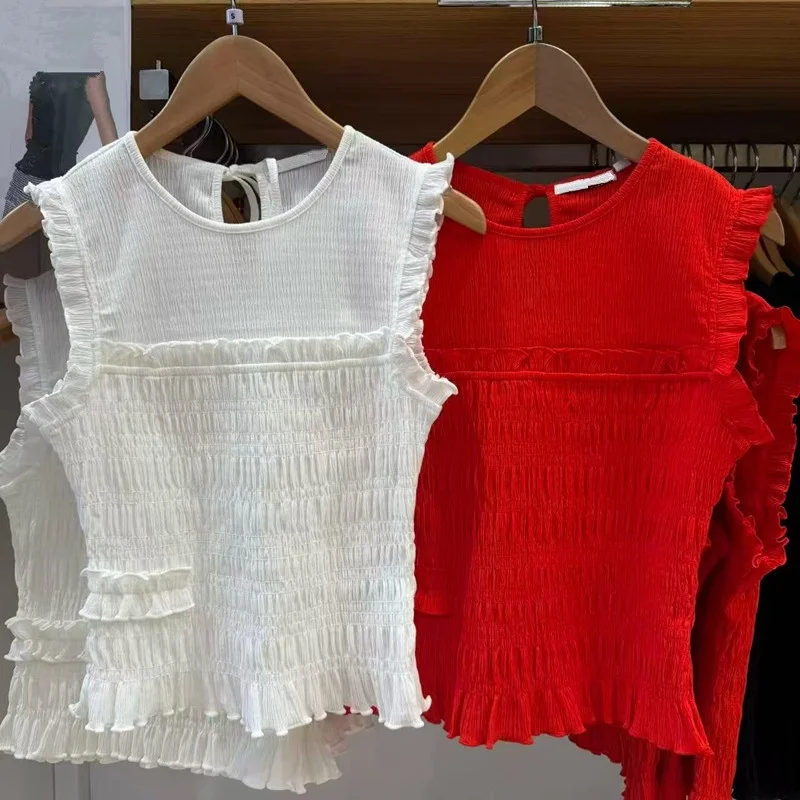 Women's Drawstring Vest Elastic Slimming Design Sensation Gored  Plaid Sleeveless Top Summer New Style 26 488088
