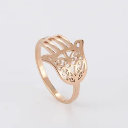 HOUWU No Fading Stainless Steel Fashion Women Religion Finger Band Narrow Center Pray Symbol Hollow Hamsa Hand Ring