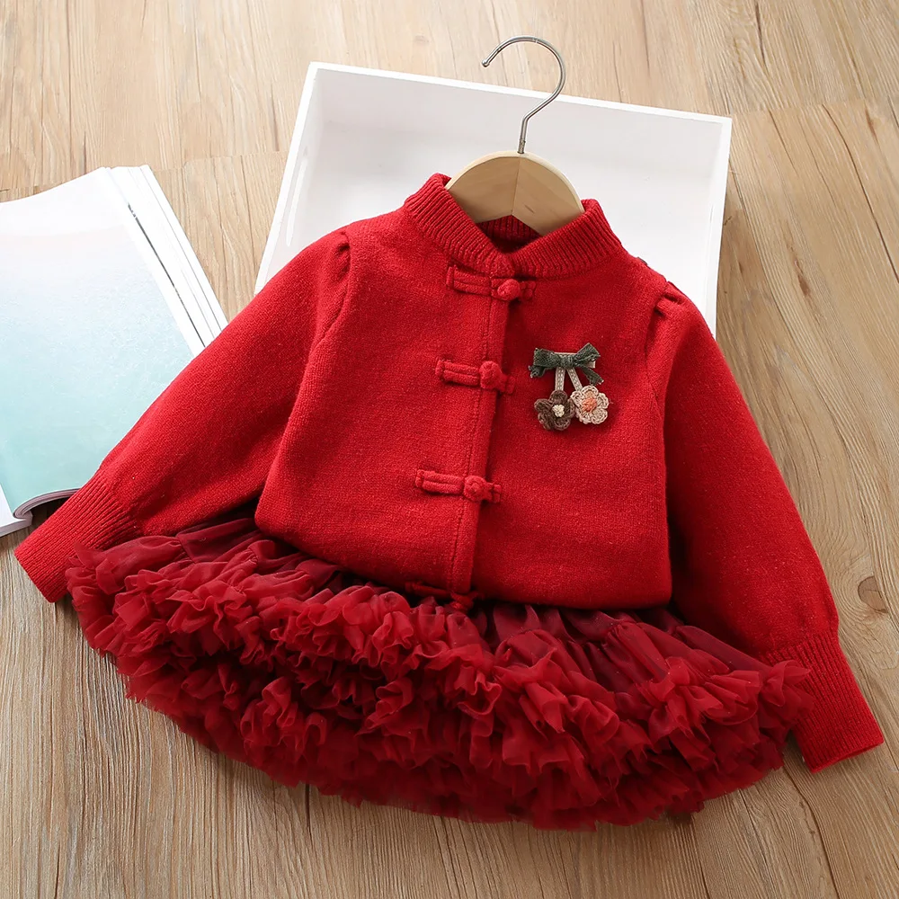 

Girls Knitted Clothes Sets Spring Autumn Children Woolen Jersey Sweaters Coats Skirts 2pcs Dress Suit For Baby Outfits Kids 5 6Y