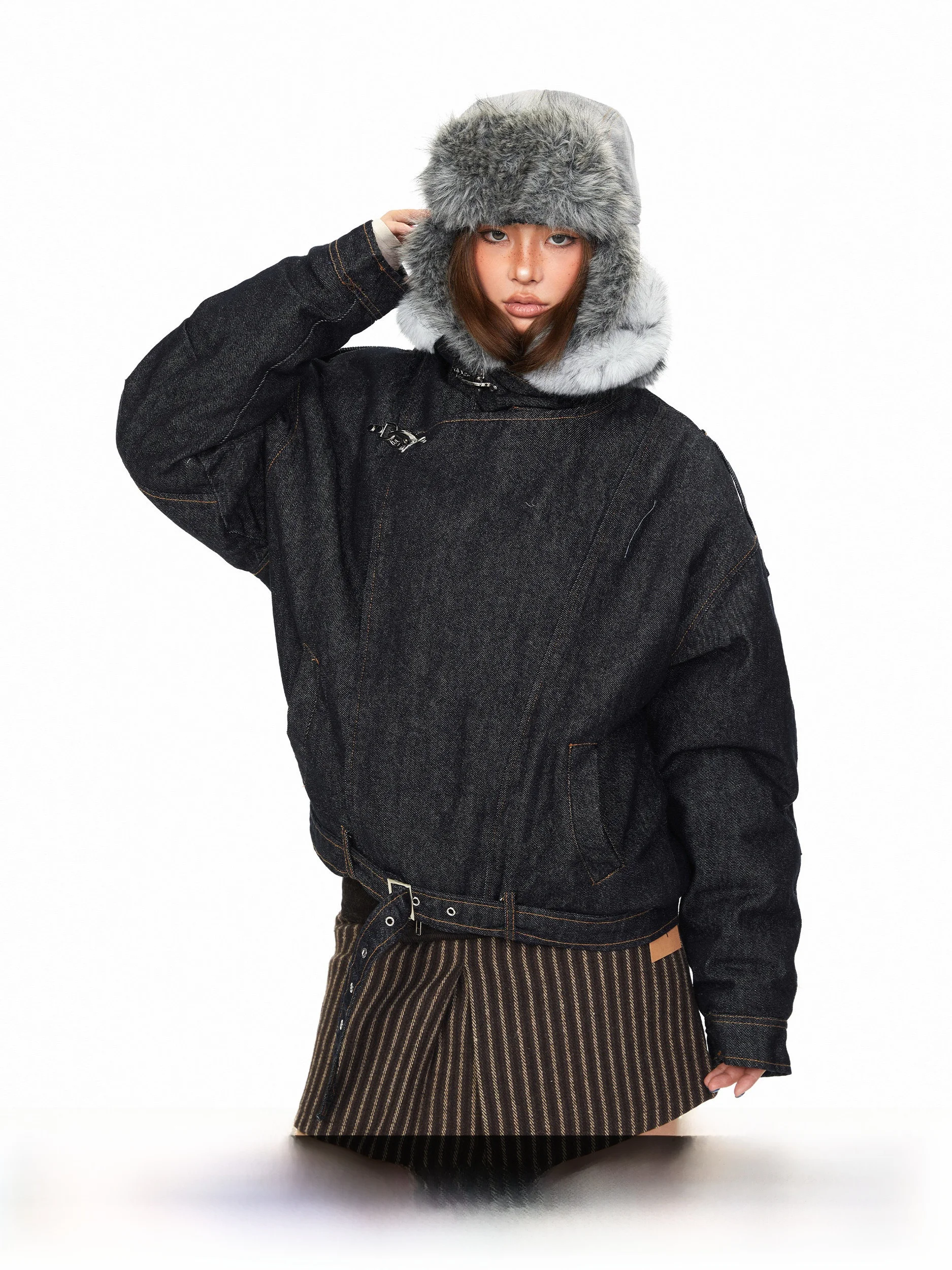 

Джинсовая куртка Blabb Deconstructed с меховым воротником, свободного кроя, в американском стиле, модная, из хлопка, верхняя одежда, уличный стиль, женская