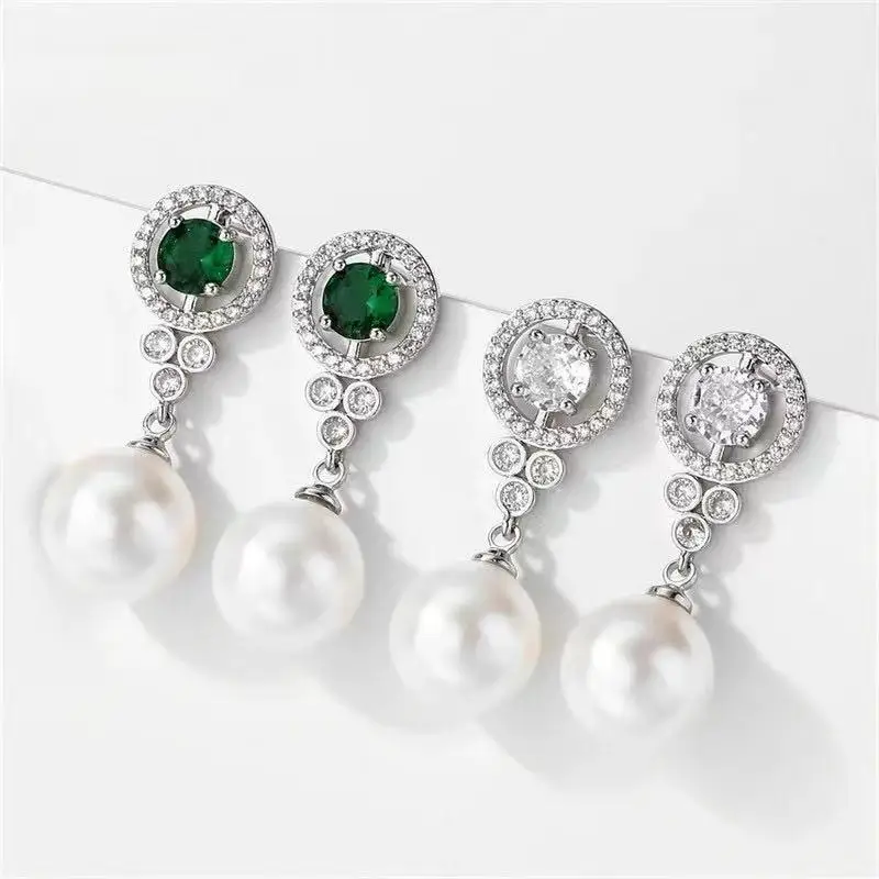 Gorgeous Elegant Style Silver Color Inlaid Imitate Natural Emerald Pearl Earrings Women's High-end Luxury Social Banquet Earring