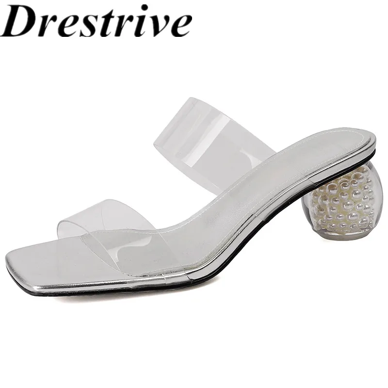 

Drestrive Fashion Women's Sandals PVC Square Toe 2024 New Arrival Slipper Summer Shoes Round Mid Heels Silver High Quality
