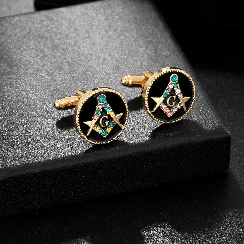 Funny Masonic Symbols Pattern Round Crystal Cufflinks Freemason Emblem Logo Golden Mens Sleeve Button For Senior Masons