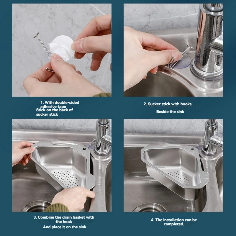 Stainless Steel Triangular Drain Basket Kitchen Sink Filter Bowl Chopsticks Rack Wash Basin Strainer