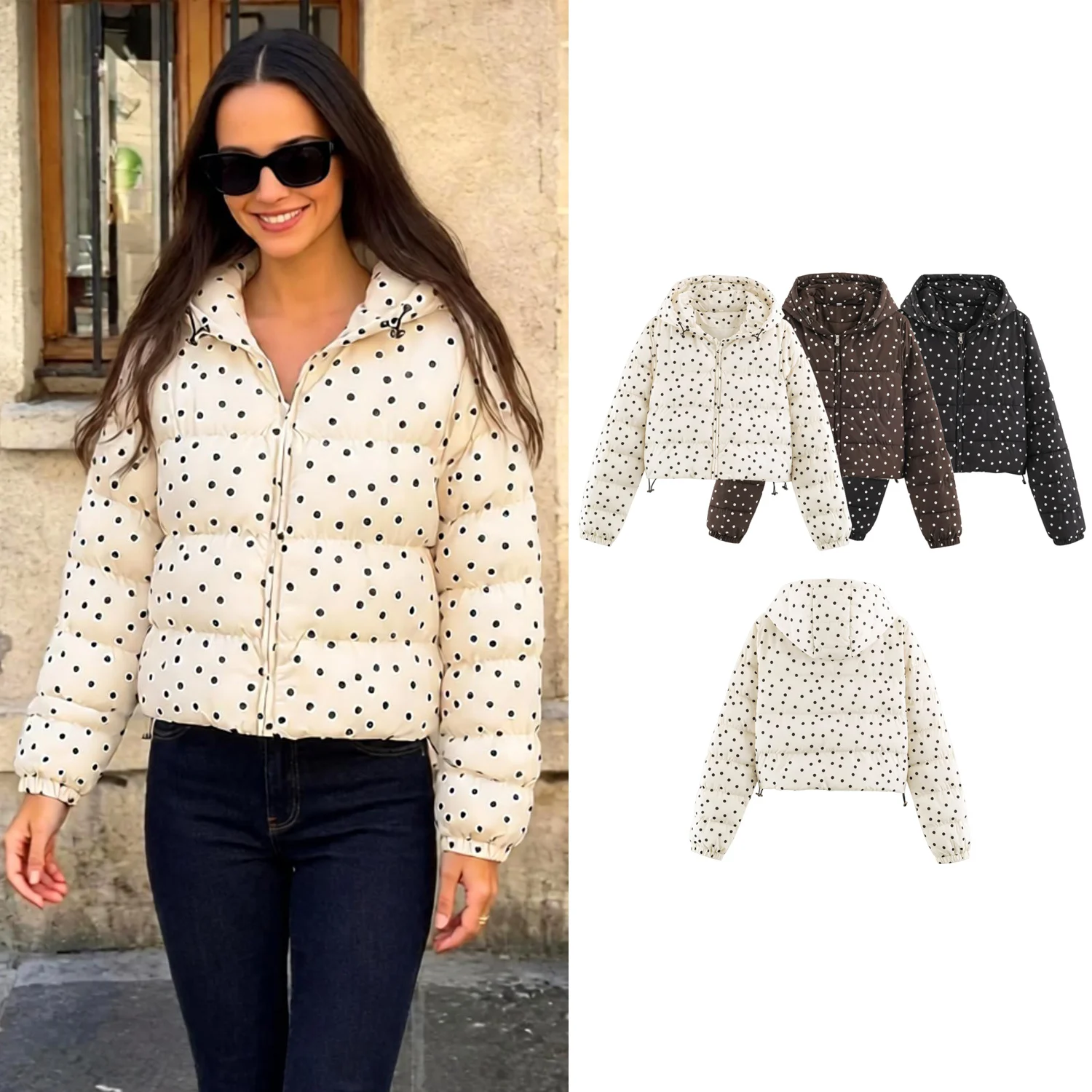 Women White Polka Dots Jackets Autumn Winter Female Hooded Zipper Short Coats Lady Loose Casual Cropped Warm Streetwear Jackets