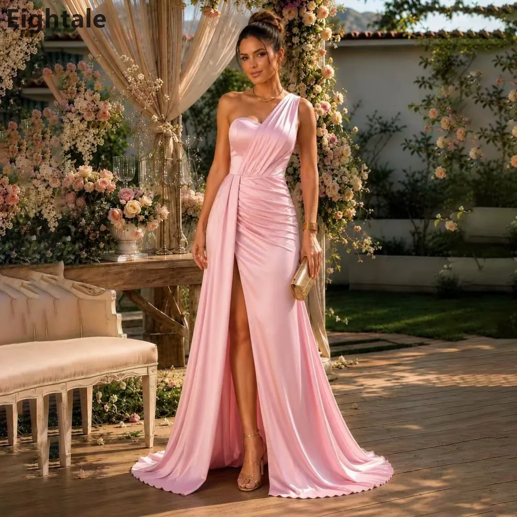 

Eightale 2026 Pink One Shoulder Evening Dress Satin Ruched High Slit Floor Length Dubai Formal Party Gown Customized