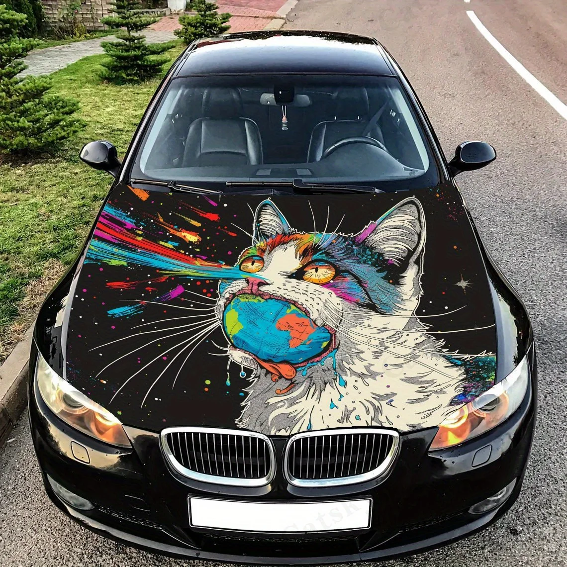 

Cat with Planet and Cosmic Energy Car Hood Decal Sticker - Splash-Resistant, Easy Removal Durable Vinyl Wrap, Fit For All Vehicl