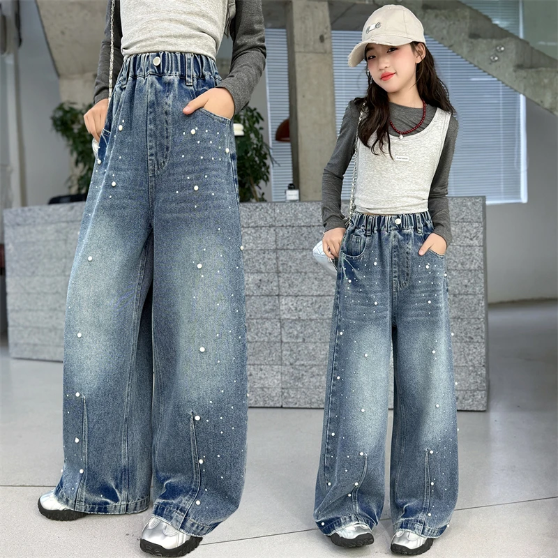 Girls Jeans Spring Autumn 2026 Casual Cute High Waist Loose Fit Vintage Washed Jeans Pearl Decor Wide Leg Pants for Kids