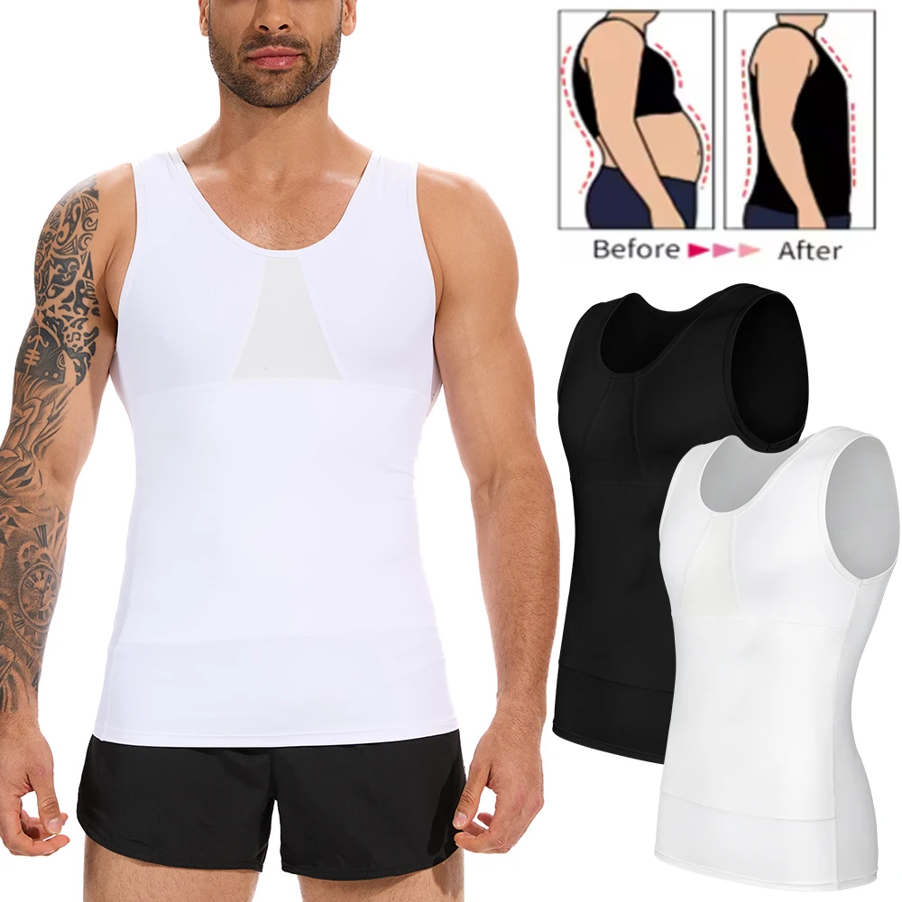 

S-4XL Men's Slim Waist Shaper Vest Abdomen Sleeveless Top with Breathable Mesh Sportswear Fitness Black Nylon Cool Comfortable