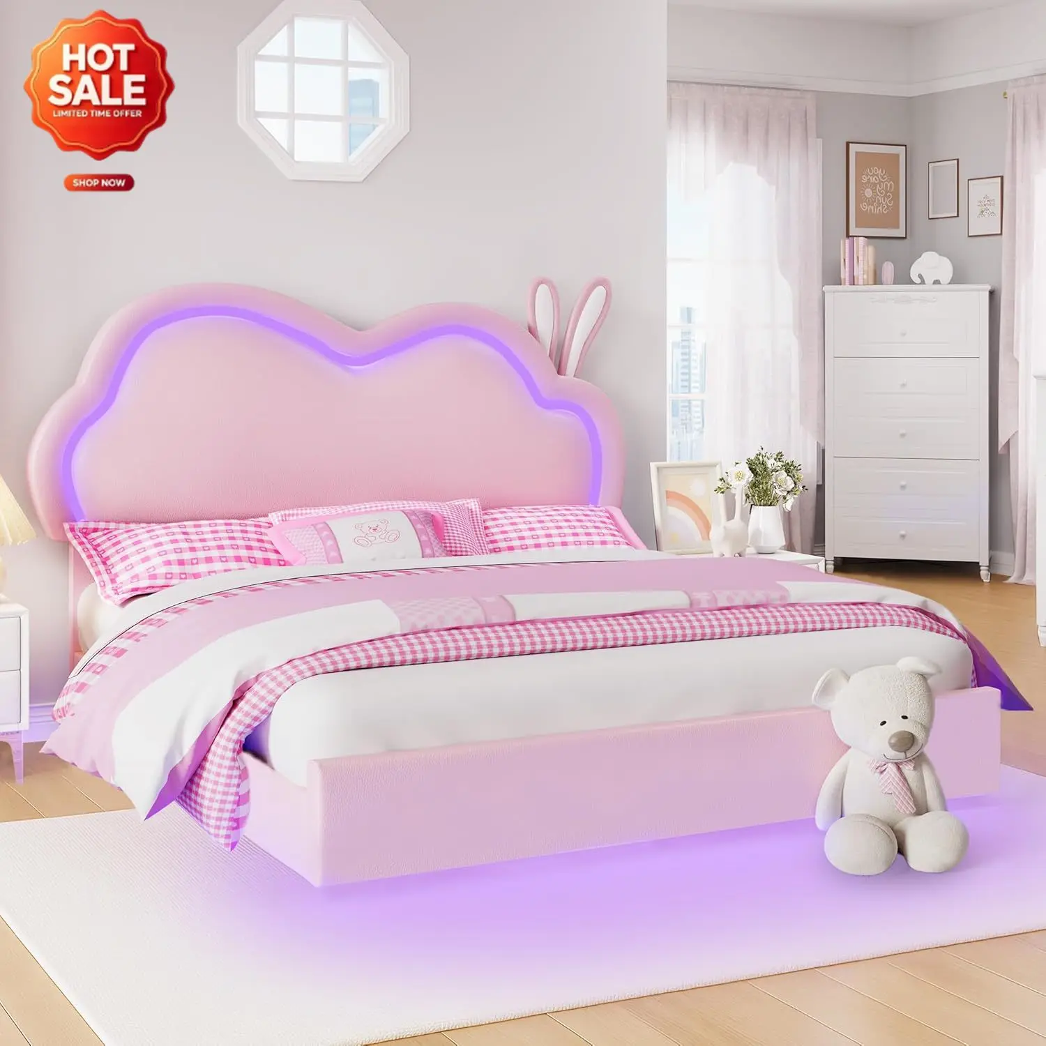Twin Floating Bed Frame with Cloud Headboard for Kids, Pink | Faux leather upholstered, LED lights, Detachable bunny ears, Adjus