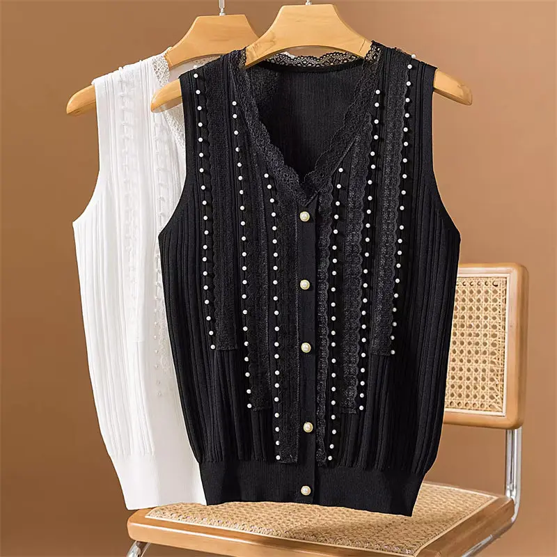 Sweater Vest 2024 Spring/Summer Knitted V-Neck Lace Tank Top For Women Suspended Sleeveless T-Shirt Top Z4987