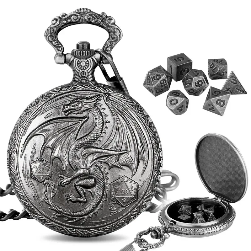 

Bronze Dragon Wings with D20 Dice Pocket Watch Case Fob Chain with 7pcs/set Mini Size Metal Polyhedral Dice RPG Table Board Game