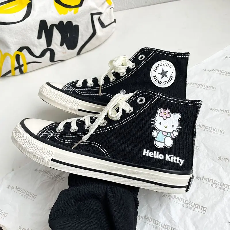 High Top Canvas Shoes Hello Kitty Kawaii Student Cartoon Graffiti Flat Follow Sneakers College Versatile Fashion Clothes Gifts