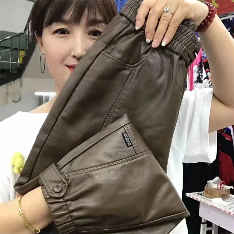 الخريف الشتاء سيدة الموضة بولي Leather السراويل الجلدية 2025 فام عالية الخصر الجلود Pantalons الرجعية النساء حجم كبير 4XL هارون السراويل
