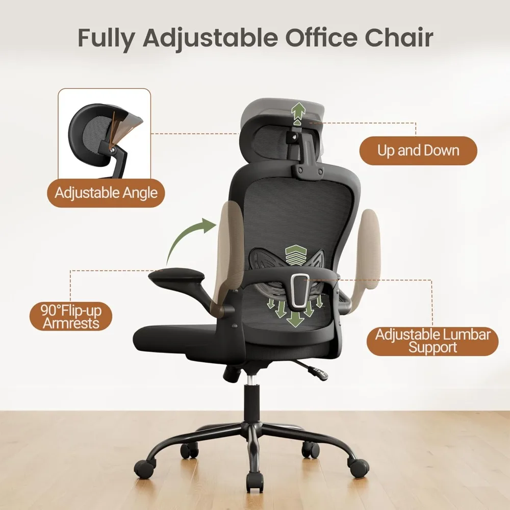 Ergonomic Office Computer Chair，Computer Desk Chair with 3D Headrest Adjustable Lumbar Support，High Back Mesh Chair with