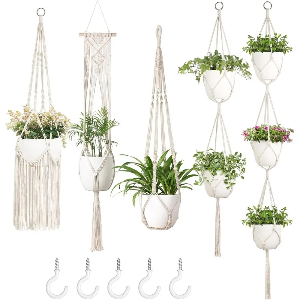 5 Pack Different Tiers Indoor Hanging Planters Basket with 5 Hooks Decorative Lower Pots Holder Stand Boho Home Decor, Ivory