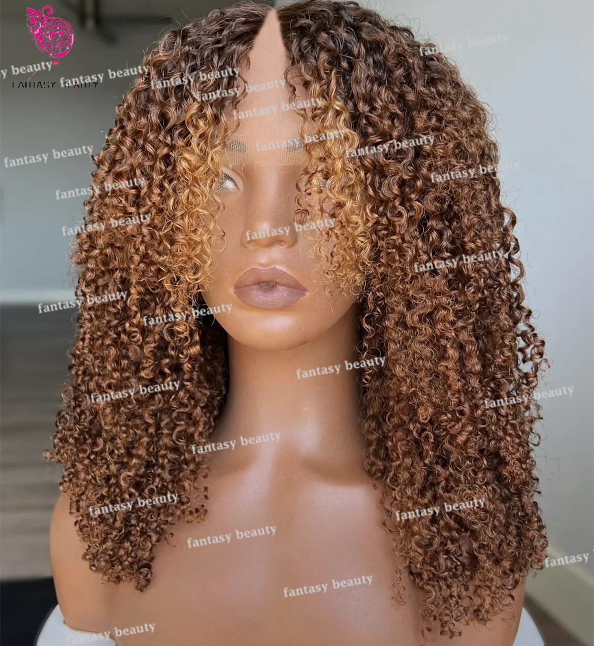 

Ombre blonde Brown V Part wigs kinky Curly Hair wig 100% Human Hair wig U Part Wig Highlights Honey blonde 250% density full end