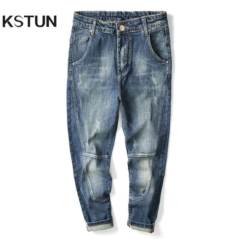 

KSTUN Jeans Men Harem Pants Stretch Retro Blue Loose Fit Patchwork Streetwear Men's Trousers Casual Denim Pants Hip Hop Vintage