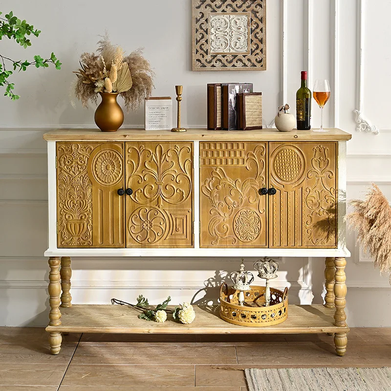 

Living room household dining side cabinet rubber wood engraved solid wood cabinet foot removable four doors two layers cabinet h