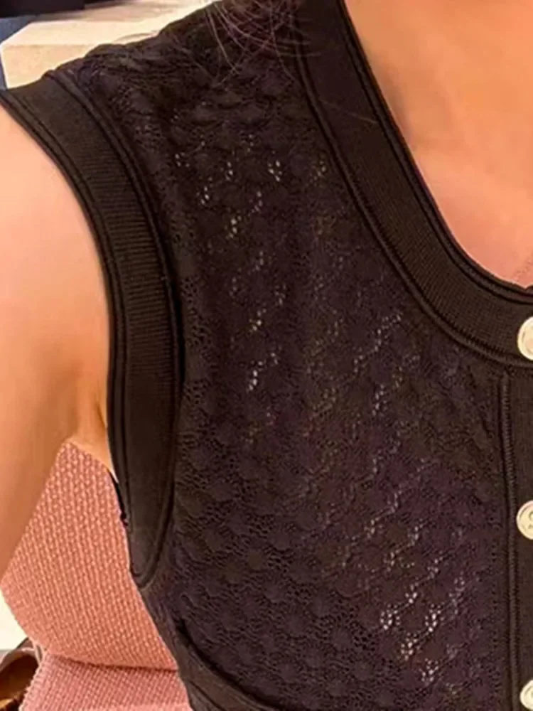 Mouwloze gebreide damesjurk met ronde hals, holle single-breasted, slim-fit vakantiefeestavondjurk