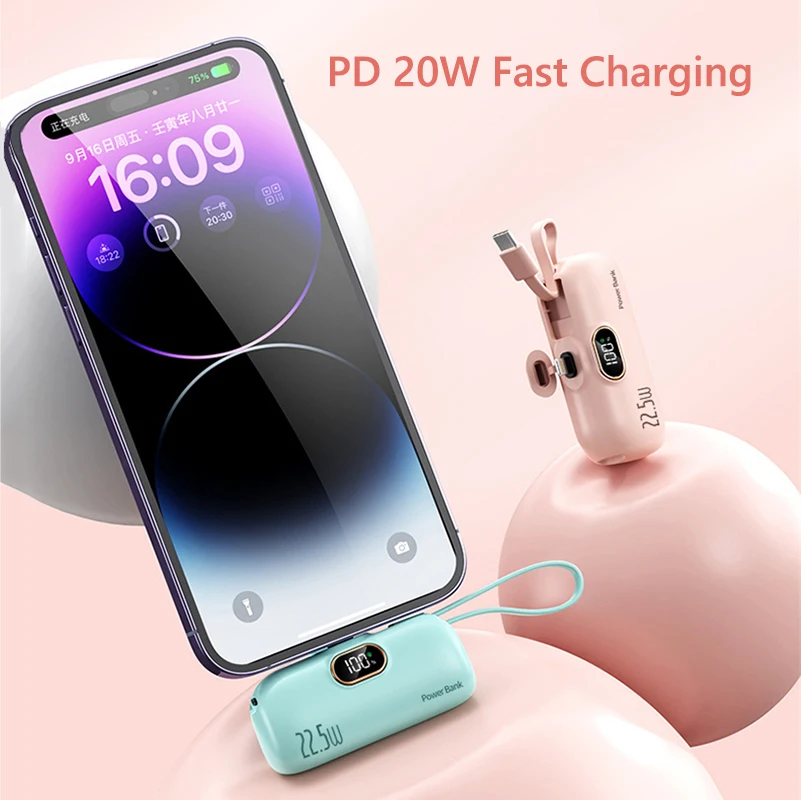 22.5W Fast Power Bank 5000mAh Built Cable Type C Plug Portable Charger for iPhone 15 14 13 Samsung Xiaomi Huawei Mini Powerbank