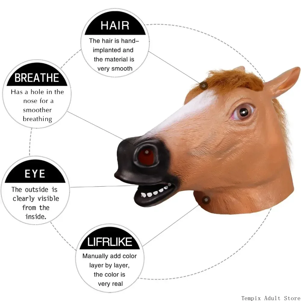 Animal Latex Mask Horse Head Mask for Adult Brown Horse Head Novelty Halloween Costume for Masquerade Party Fun Carnival Cosplay