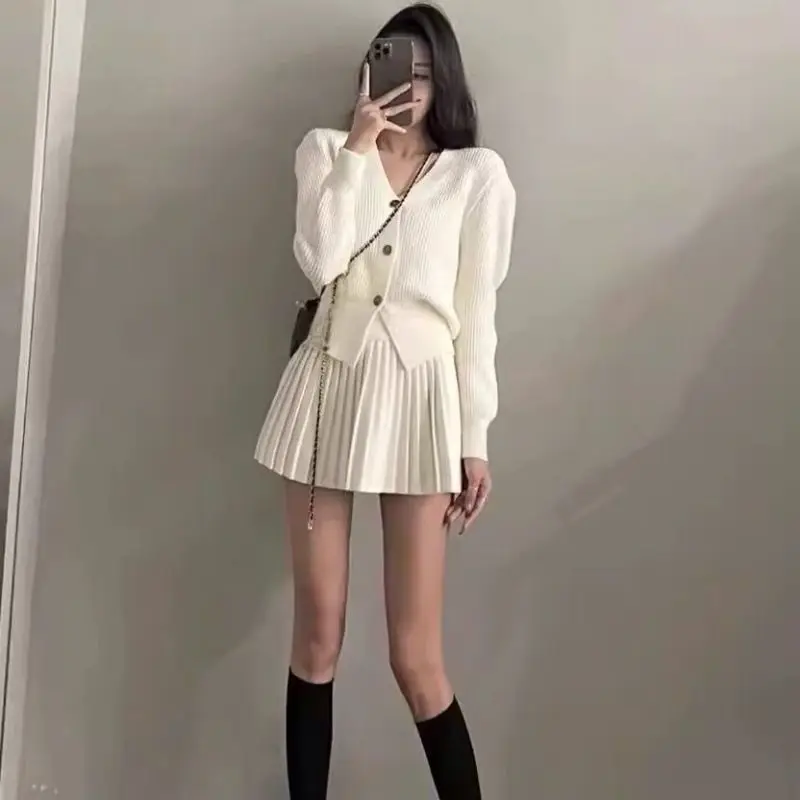 Chic Y2k Knitted 2 Pieces Sets Women Single-breasted Tops High Waist Mini Skirt Knit Cardigan Solid Outfits Spring Autumn Suits