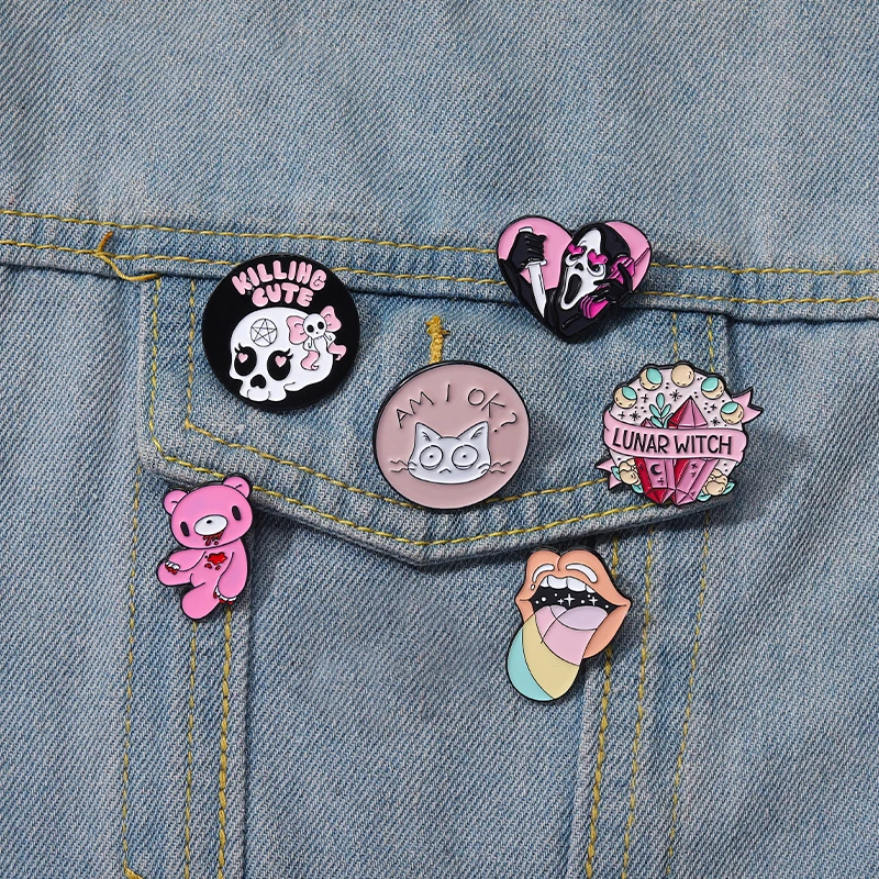 Pink Punk Enamel Pins Custom Witch Bear Tongue Ghost Call Brooches Lapel Badges Gothic Halloween Jewelry Gift for Friends