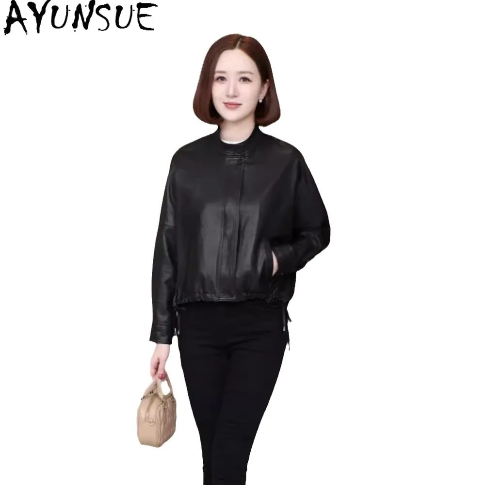 AYUNSUE 정품 가죽 자켓 여성 2025 검은 양피 야채 태닝 봄 가을 옷 Bat Sleeve Jaqueta Feminina