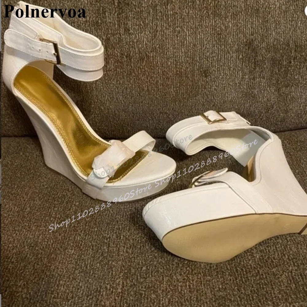 

White Leather Buckle Strap Platform Sandals Wedges High Heel Women Shoes Ankle Buckle Strap Open Toe 2025 Zapatos Para Mujere