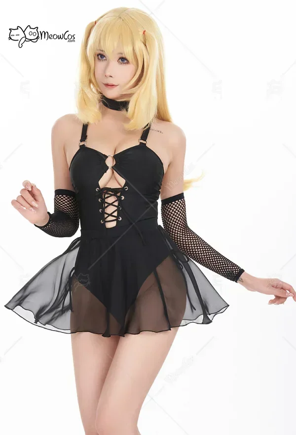

Meowcos Miss Misa Gothic Black One Piece Swimsuit With Sarong One-piece Swimwear and Tulle Skirt with Sleeves