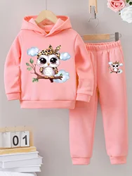 2set Girls Fall/Winter cute sweet casual fashion pattern printed warm fleece hoodie and tracksuit pants