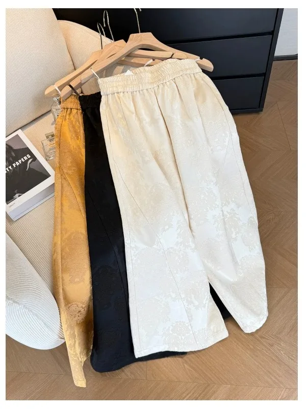 

plus Size 300 Pounds Fat MM High Waist Casual Vintage Embroidered Wide Leg Pants Women's Spring Summer Loose Straight Leg Pants