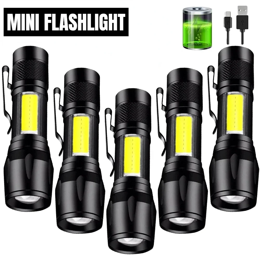 

Mini Powerful LED USB Rechargeable Flashlight COB+XPE Portable Camping Lantern Zoomable Light with Pen Clip Built-in Battery