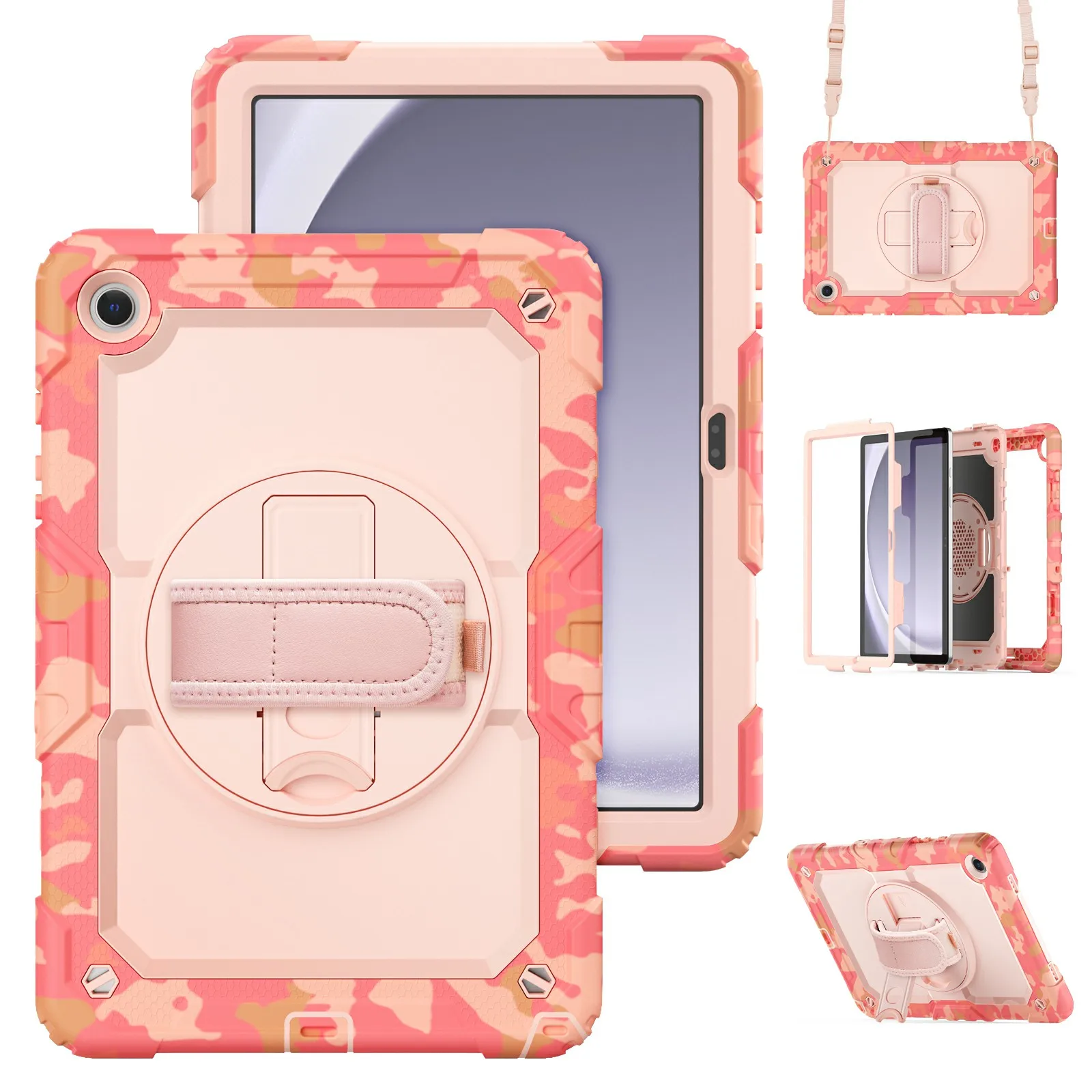 

For Samsung Galaxy Tab A9+ SM-X210 / X215 / X216 / X218 Case Camo Printing PC + Silicone Tablet Cover with PET Film / Shoulder