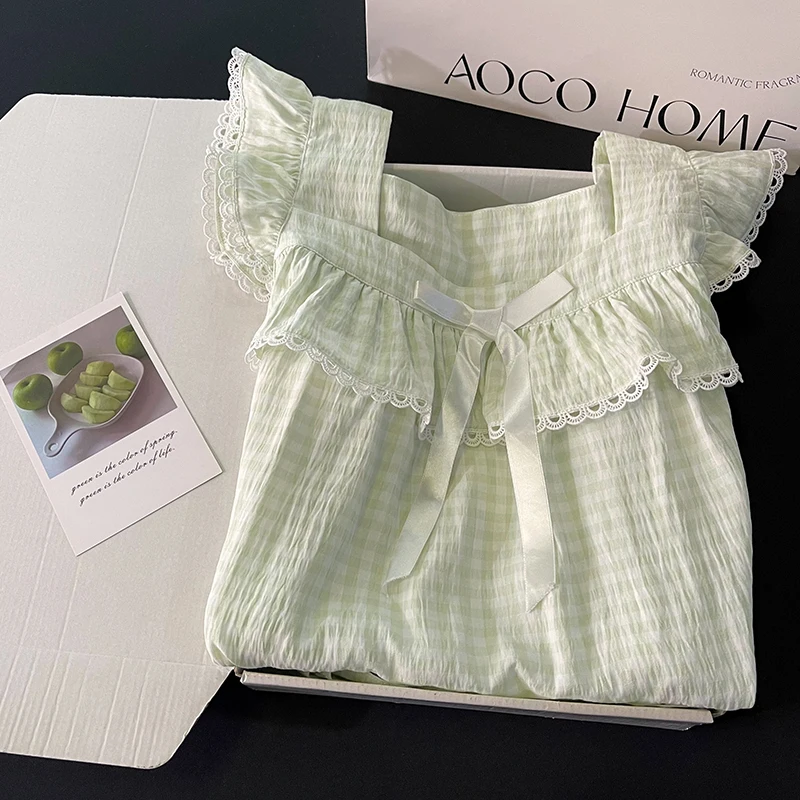 DAIMELU sleeveless pajamas pajamas women's summer new sweet bow pure cotton suspenders with chest pads green plaid nightgown