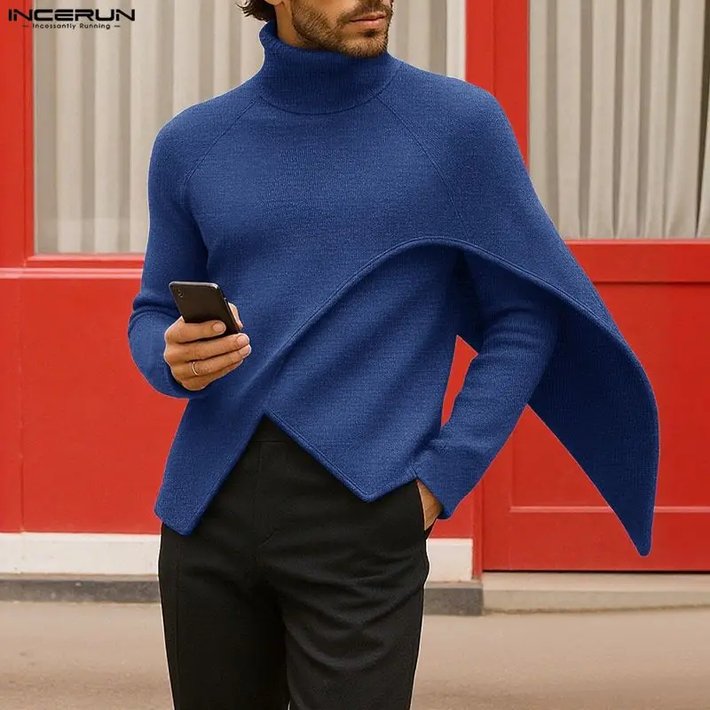 

INCERUN Мужская футболка нестандартной формы, однотонная водолазка с длинным рукавом, мужские футболки, уличная модная повседневная мужская одежда, S-3XL 2025