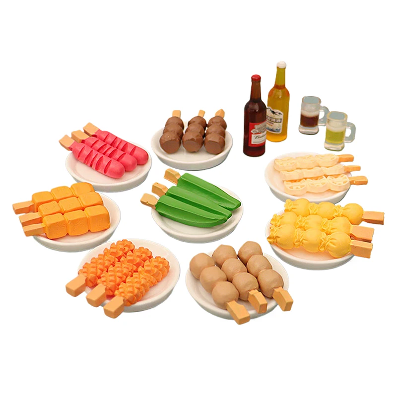 

6pcs/set 1:12 Dollhouse Miniature Resin Beer Drinkings Simulation Barbecue Food Toy Kitchen Decoration Doll House Accessories
