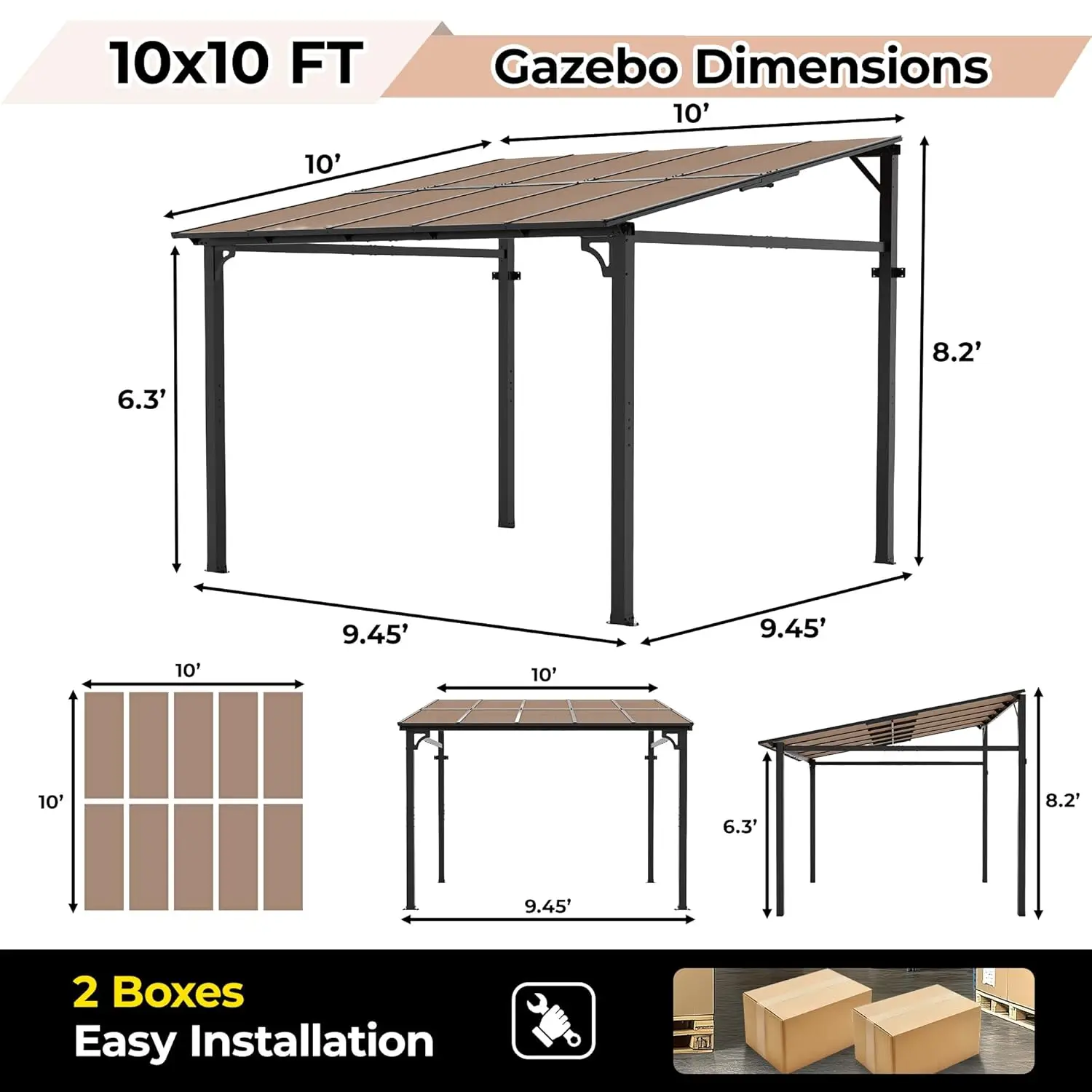 10'x10' Wall Mounted Gazebo, Hard Top Lean-to Pergola with Heavy Duty Metal Frame, Large Outdoor Patio Backyard Shelter view 2