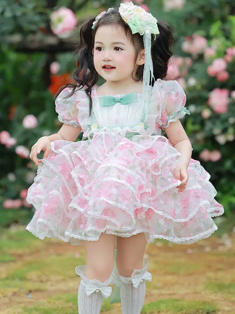 Summer Girls Birthday Tulle Backless Lolita Wedding Ball Gown Party Dress Princess Pink Floral Baby Children Lace Cake Skirts