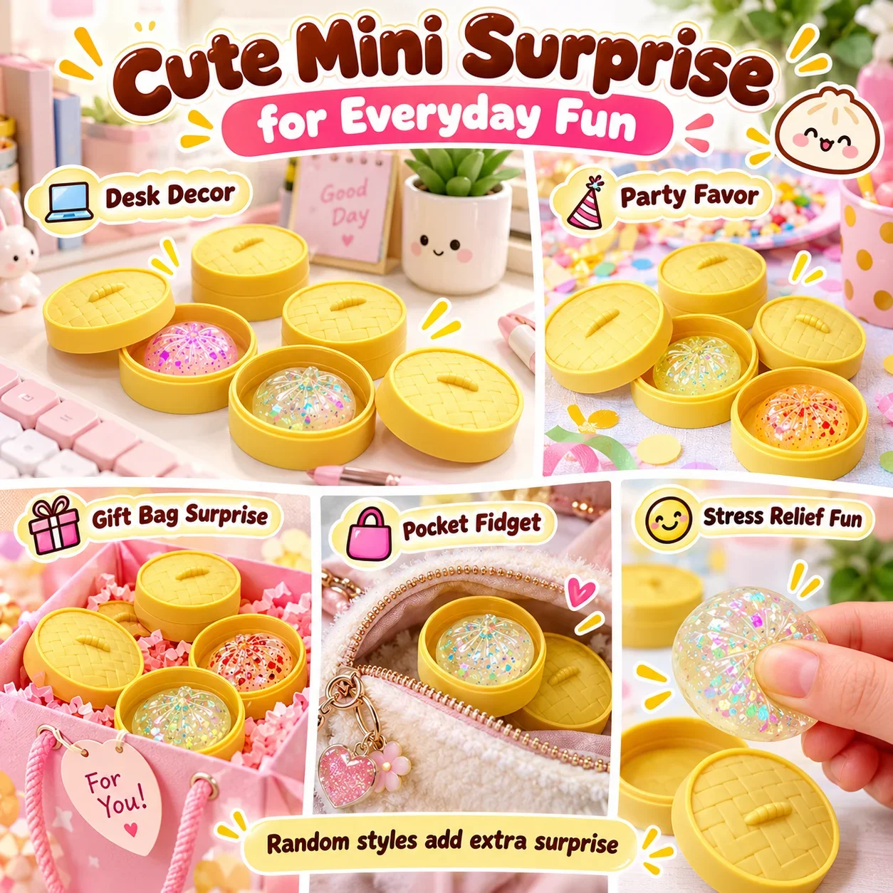 Mini Steamed Bun Dumpling Squishy 1-5PCS Crystal Style with Steamer Soft Squeeze Sensory Fidget Desk Decor Novelty Gift Set
