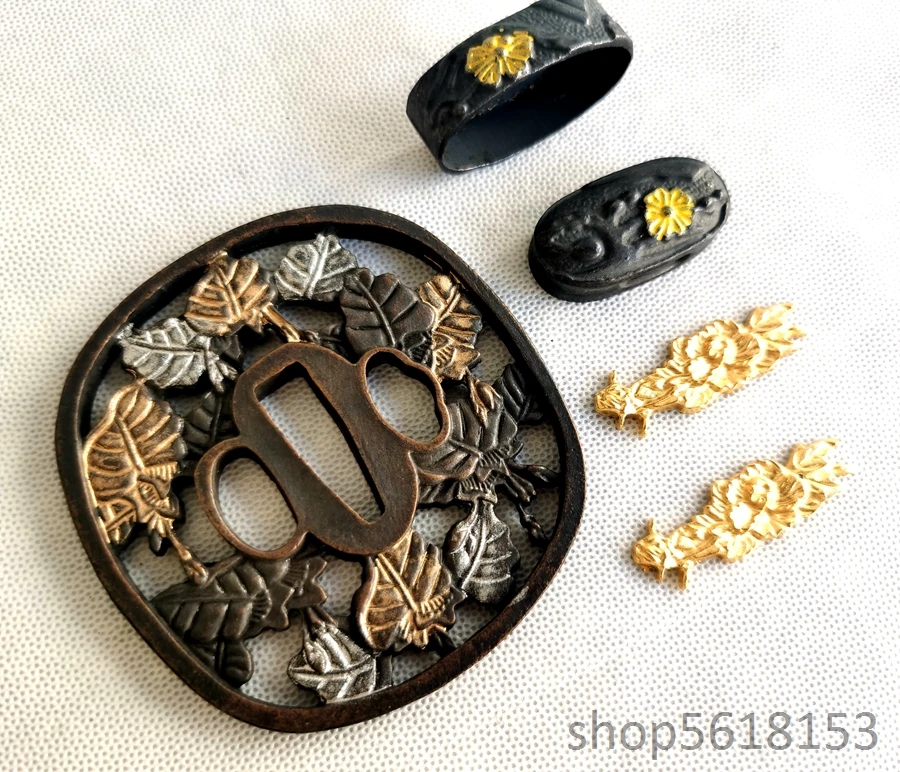 Alloy tree leaf tsuba fuchi Menuki Japanese Katana sword Wakizashi tanto