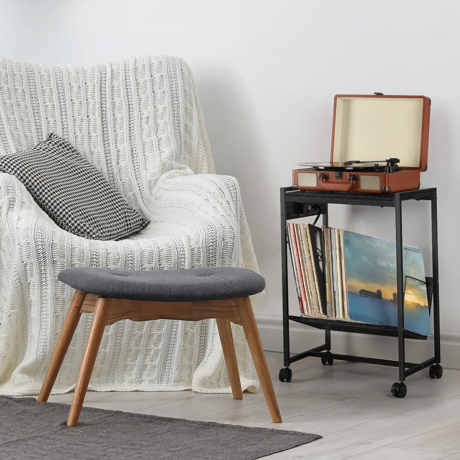 

Record player stand with vinyl storage, black turntable with charging station, and USB port with wheels