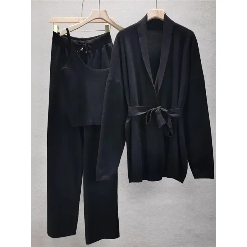 Korean Sweater 3 Piece Sets Women Thick Knit Cardigans + Cropped Spaghetti Tops + Baggy Wide Leg Sweatpants Outfits New