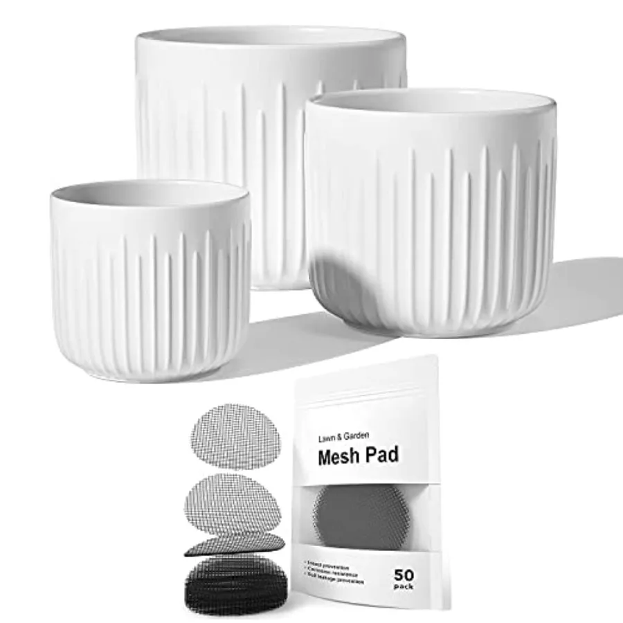 

8.3+6.9+5.7 inch Flower Pots with Drainage Holes, White and Mesh Pads 2 Inch, 50 Pack